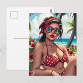 Rode bikini, zonnebril en bandana vrouw briefkaart (Voorkant / Achterkant)