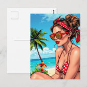Rode bikini, zonnebril en bandana vrouw briefkaart (Voorkant / Achterkant)