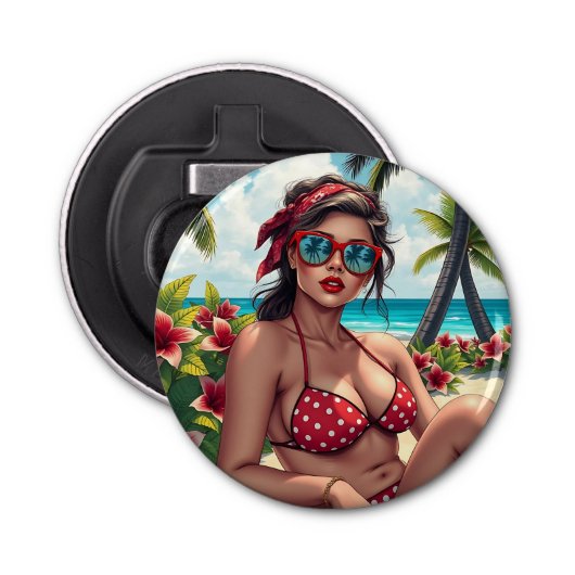 Rode bikini, zonnebril en bandana vrouw button flesopener (Voorkant)