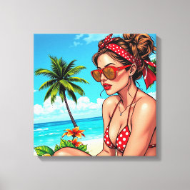Rode bikini, zonnebril en bandana vrouw canvas afdruk