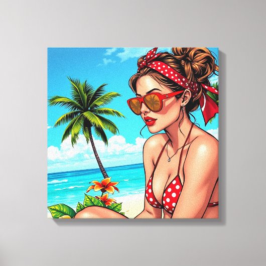 Rode bikini, zonnebril en bandana vrouw canvas afdruk (Voorkant)