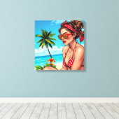 Rode bikini, zonnebril en bandana vrouw canvas afdruk (Insitu (Houten vloer))