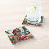 Rode bikini, zonnebril en bandana vrouw glazen onderzetter (Schuin)