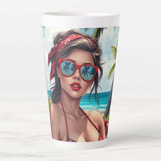 Rode bikini, zonnebril en bandana vrouw latte mok (Voorkant)
