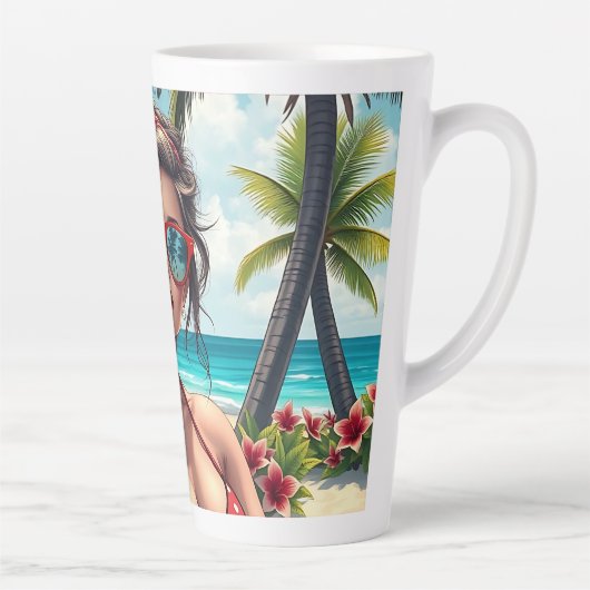 Rode bikini, zonnebril en bandana vrouw latte mok (Rechts)