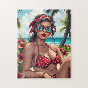 Rode bikini, zonnebril en bandana vrouw legpuzzel