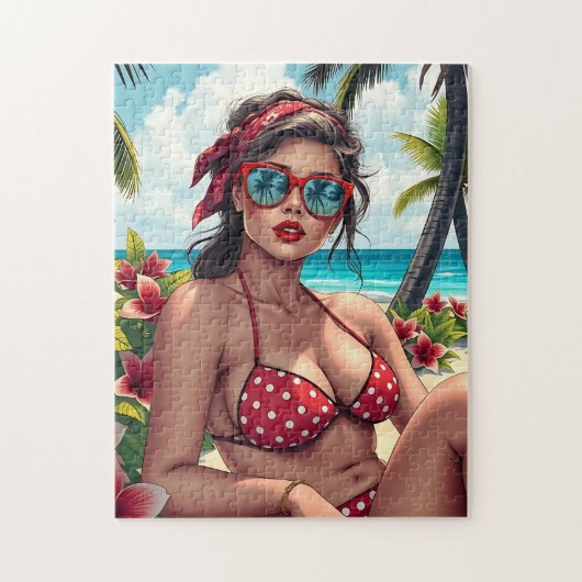 Rode bikini, zonnebril en bandana vrouw legpuzzel (Verticaal)