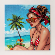 Rode bikini, zonnebril en bandana vrouw