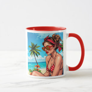 Rode bikini, zonnebril en bandana vrouw mok