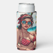 Rode bikini, zonnebril en bandana vrouw seltzer blikjeskoeler (Seltzer Voorkant)