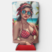 Rode bikini, zonnebril en bandana vrouw seltzer blikjeskoeler (Voorkant)