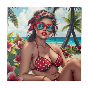 Rode bikini, zonnebril en bandana vrouw tegeltje