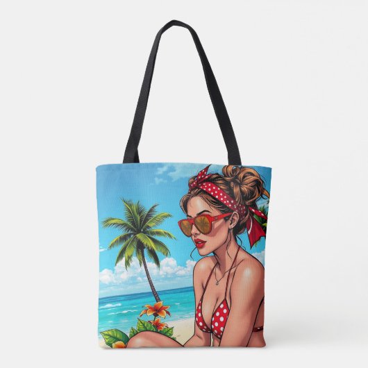 Rode bikini, zonnebril en bandana vrouw tote bag (Achterkant)