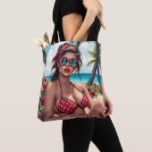 Rode bikini, zonnebril en bandana vrouw tote bag (Dichtbij)