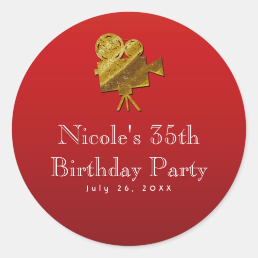 Rode Bioskoop & Gouden Sterren Hollywood Feestguns Ronde Sticker (Voorkant)