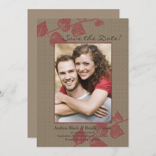 Rode Bladeren Foto Bruiloft Opslagkaart Datum Besp Save The Date (Voorkant / Achterkant)