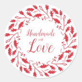 Rode bladeren & takken krans handgemaakte liefde c ronde sticker (Voorkant)