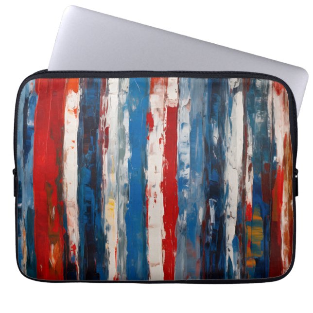 Rode Blauw Wit Gekleurde Verticale Abstracte Strip Laptop Sleeve (Voorkant)