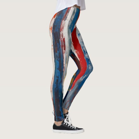 Rode Blauw Wit Gekleurde Verticale Abstracte Strip Leggings (Rechts)