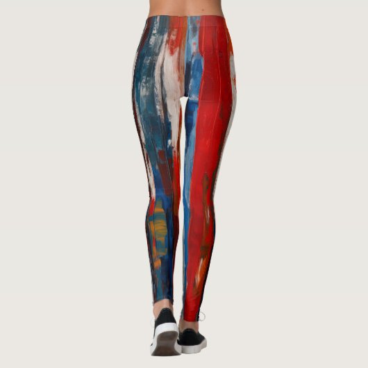 Rode Blauw Wit Gekleurde Verticale Abstracte Strip Leggings (Achterkant)