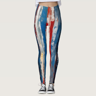 Rode Blauw Wit Gekleurde Verticale Abstracte Strip Leggings