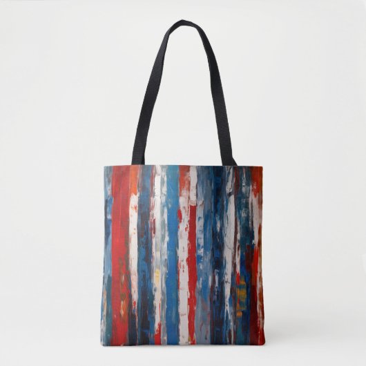 Rode Blauw Wit Gekleurde Verticale Abstracte Strip Tote Bag (Voorkant)