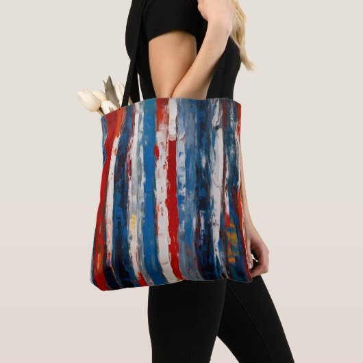 Rode Blauw Wit Gekleurde Verticale Abstracte Strip Tote Bag (Dichtbij)