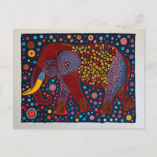 Rode Blauwe Abstracte Olifant met bloem Stippen Feestdagenkaart (Voorkant)