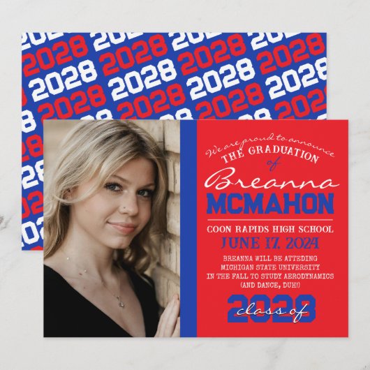 Rode & Blauwe Afstudeerfoto Aankondiging (Voorkant / Achterkant)