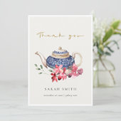 Rode blauwe aquarel theepot bloemige theepartij bedankkaart (Staand voorkant)