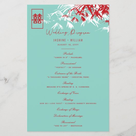 Rode & Blauwe Bamboe Bladeren Chinees Huwelijkspro (Voorkant)