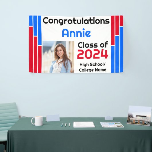 Rode & Blauwe Bars Één Foto Afstuderen Spandoek (Beurs)
