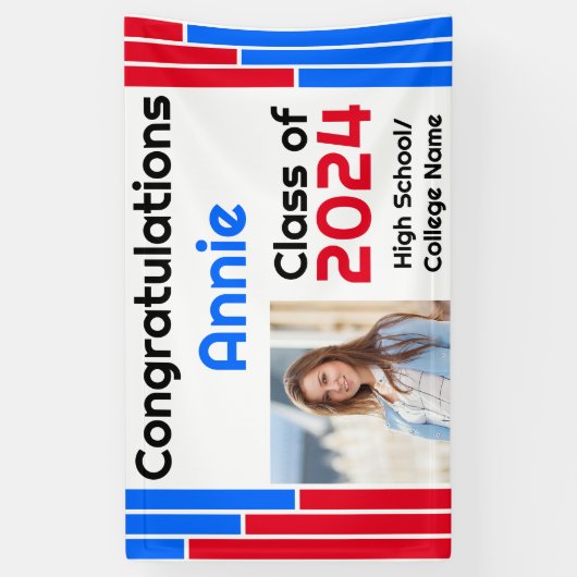 Rode & Blauwe Bars Één Foto Afstuderen Spandoek (Verticaal)