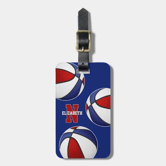Rode blauwe basketballen atleten monogrammed bagagelabel (Voorkant verticaal)