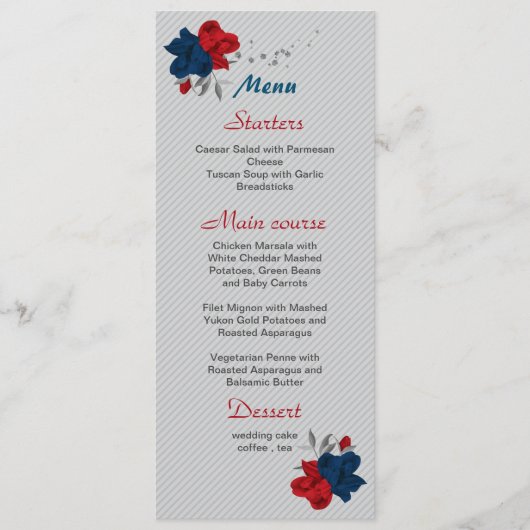 rode blauwe bloemen botanische bruiloft menu (Voorkant)