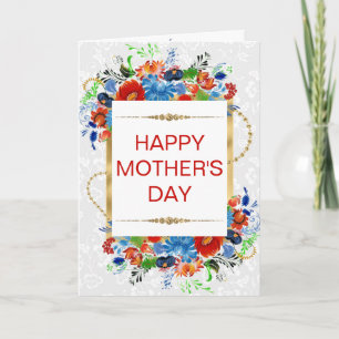 Rode Blauwe Bloemen & Gouden Glitters Moederdag Kaart
