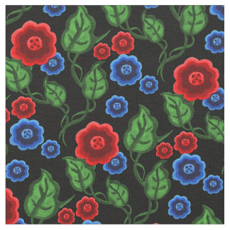 Rode/blauwe bloemen/groene bladeren/Folkbloem/zwar Stof