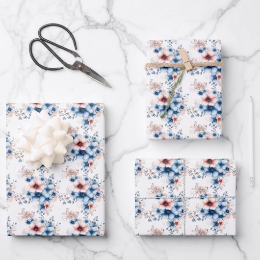 Rode & Blauwe Bloemen op Wit Inpakpapier Vel (Voorkant)