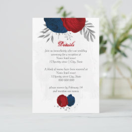 rode blauwe bloemen zilveren botanische bruiloft informatiekaartje