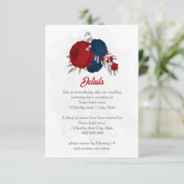 rode blauwe bloemen zilveren botanische bruiloft informatiekaartje