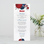 rode blauwe bloemen zilveren botanische bruiloft menu (Staand voorkant)