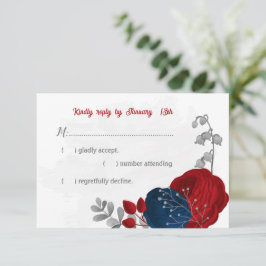 rode blauwe bloemen zilveren botanische bruiloft RSVP kaartje
