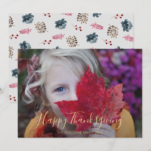 Rode-blauwe botanische foto "Happy Thanksgiving" Feestdagenkaart (Voorkant / Achterkant)