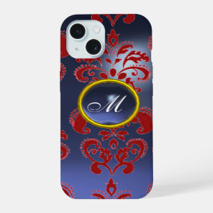 RODE BLAUWE DAMAST EDELGESTEENTE INITIALEN Bloemig iPhone 15 Case