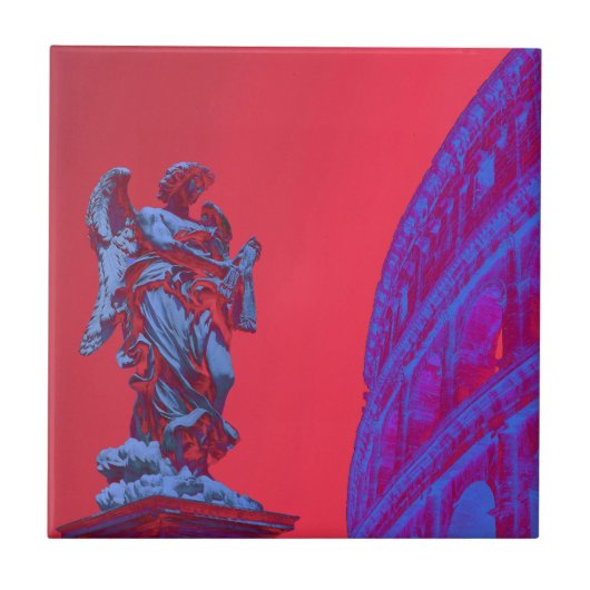 Rode, blauwe digitale kunst van Colosseum en beeld Tegeltje (Voorkant)
