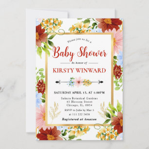 Rode, Blauwe en Gele Bloemen Baby Shower Kaart