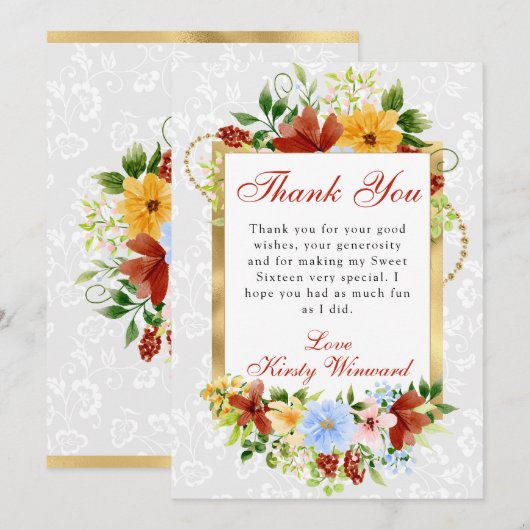 Rode, blauwe en gele bloemen goud Sweet 16 Bedankkaart (Voorkant / Achterkant)