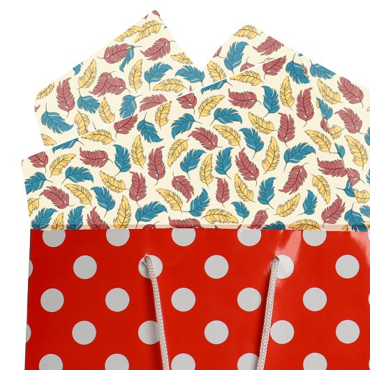 Rode, Blauwe en Gele Cartoon Veren op Crème Tissuepapier