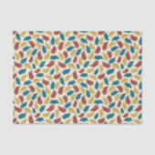 Rode, Blauwe en Gele Cartoon Veren op Crème Tissuepapier (Voorkant)