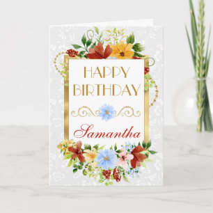 Rode, Blauwe en Gele Zomerbloemen Gouden Verjaarda Kaart